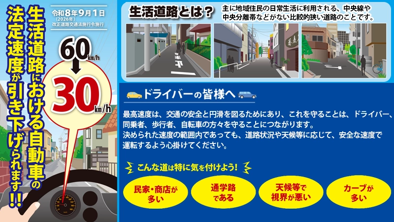 生活道路における自動車の法定速度が引き下げられます